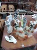 A QUANTITY OF NAO AND LLADRO FIGURINES, TWO DOULTON FIGURES, STAFFORDSHIRE TYPE SPANIELS ETC.