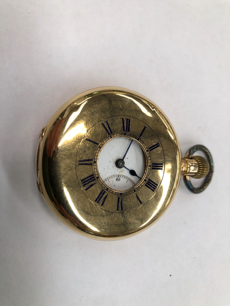 A CONTINENTAL 18ct STAMPED HALF HUNTER POCKET WATCH, ASSESSED AS 18ct GOLD, MONOGRAM ENGRAVED TO THE - Image 2 of 10