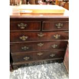 A 19th C. MAHOGANY CHEST OF TWO SHORT AND THREE GRADED LONG DRAWERS ON BRACKET FEET. W 95 x D 53 x H