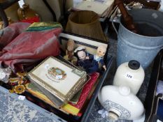 THREE NORAH WELLINGS DOLLS, STONE WARE HOT WATER BOTTLES, BOOKS, A SHELL, ETC.