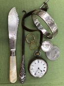 A HALLMARKED SILVER POCKET WATCH, A SILVER ENGRAVED BANGLE, COSTUME RINGS, A SILVER HALLMARKED