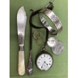 A HALLMARKED SILVER POCKET WATCH, A SILVER ENGRAVED BANGLE, COSTUME RINGS, A SILVER HALLMARKED