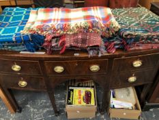 A 19th C. MAHOGANY BOW FRONT SIDEBOARD, THE CENTRAL DRAWER EDGED IN LINE INLAY FLANKED BY TWO