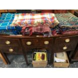 A 19th C. MAHOGANY BOW FRONT SIDEBOARD, THE CENTRAL DRAWER EDGED IN LINE INLAY FLANKED BY TWO