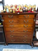 A 20th C. EUROPEAN MAHOGANY CHEST OF FOUR SHORT DRAWERS FOUR LONG DRAWERS BETWEEN PILASTERS TOPPED