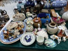 A MOORCROFT BOX AND COVER, QUIMPER WARES, SHELLS, ELECTROPLATE, BRASS HANDLES AND DECORATIVE CHINA