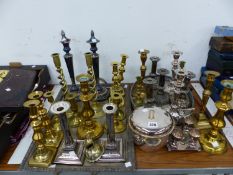 PLATE ON COPPER AND BRASS CANDLESTICKS, TWO ELECTROPLATE TRAYS, AN ICE BUCKET, ETC.