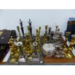 PLATE ON COPPER AND BRASS CANDLESTICKS, TWO ELECTROPLATE TRAYS, AN ICE BUCKET, ETC.