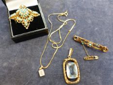 A 9ct GOLD AND GEMSET VINTAGE PENDENT TOGETHER WITH A FURTHER CZ PENDENT ASSESSED AS 14ct GOLD ON