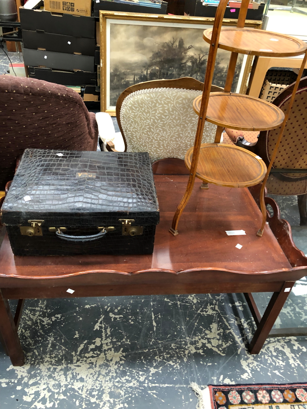 A CONTEMPORARY MAHOGANY COFFEE TABLE WITH BUTLERS TRAY TWO HANDLED TOP, A CROCODILE DRESSING SUIT