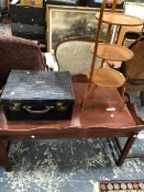 A CONTEMPORARY MAHOGANY COFFEE TABLE WITH BUTLERS TRAY TWO HANDLED TOP, A CROCODILE DRESSING SUIT
