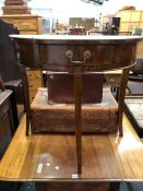 A 20th C. OAK DEMILUNE TABLE WITH AN APRON DRAWER ABOVE THREE CURVED SQUARE SECTIONED LEGS. W 79 x D