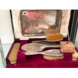 A CASED HALLMARKED SILVER DRESSING TABLE SET, COMPLETE WITH TRAY, AND A COTY PERFUME BOX.