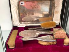 A CASED HALLMARKED SILVER DRESSING TABLE SET, COMPLETE WITH TRAY, AND A COTY PERFUME BOX.