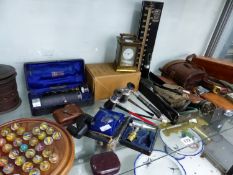 A COLLECTION OF OPTICAL INSTRUMENTS, A BLOOD PRESSURE INSTRUMENT, A CARRIAGE CLOCK AND A GLASS