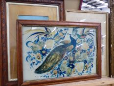 A REVERSE PAINTING ON GLASS OF BIRDS, TOGETHER WITH A BLOSSOM STUDY SIGNED KATHLEEN FISHER, AND