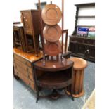 A 19th C. MAHOGANY CORNER WASH STAND, THE DRAWER TO THE MIDDLE TIER ABOVE A JUG STAND STRETCHER