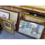 AN ANTIQUE FRET FRAMED MIRROR, VARIOUS PRINTS AND PICTURES.