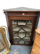 A 19th C. OAK CORNER CUPBOARD WITH AN ASTRAGAL GLAZED DOOR ENCLOSING SHELVES. W 78 x H 101cms.