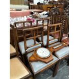 A SET OF FOUR 20th C. OAK CHINOISERIE CHAIRS TOGETHER WITH ANOTHER SET OF FOUR OAK CHAIRS