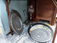 THREE EASTERN TRAYS, TWO PAINTED DISHES, AND A WINE DISPENSER.