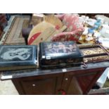 AN ORIENTAL LACQUER PHOTO ALBUM, A JEWELLERY BOX, AND A FRAME.