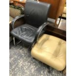 A BLACK LEATHER AND CHROME DESK CHAIR TOGETHER WITH A BUTTON UPHOLSTERED FOOTSTOOL