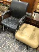 A BLACK LEATHER AND CHROME DESK CHAIR TOGETHER WITH A BUTTON UPHOLSTERED FOOTSTOOL