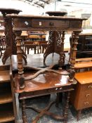 A PAIR OF 19th C. PINE TABLES, EACH WITH APRON DRAWERS ABOVE TURNED LEGS JOINED ABOVE THE BUN FEET