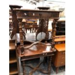 A PAIR OF 19th C. PINE TABLES, EACH WITH APRON DRAWERS ABOVE TURNED LEGS JOINED ABOVE THE BUN FEET