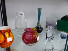 SIX PIECES OF ART GLASS TOGETHER WITH A POOLE POTTERY VASE