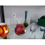 SIX PIECES OF ART GLASS TOGETHER WITH A POOLE POTTERY VASE