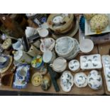 TEA WARES, THREE OAK BISCUIT BARRELS, A DOMINO SET, TREEN, GLASSWARES AND DECORATIVE CERAMICS