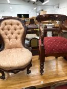 A VICTORIAN MAHOGANY SHOW FRAME NURSING CHAIR, TWO BALLOON BACKED CHAIRS TOGETHER WITH AN EARLY 19th