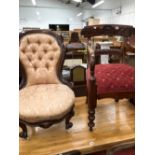 A VICTORIAN MAHOGANY SHOW FRAME NURSING CHAIR, TWO BALLOON BACKED CHAIRS TOGETHER WITH AN EARLY 19th