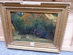19th C. OIL ON CANVAS, GIRL AND DOG BY FARM CART.