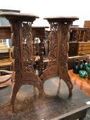 A PAIR OF INDIAN BRASS INLAID WINE TABLES, THE HEXAFOIL TOPS CARVED WITH GRAPES, THE BRACKET