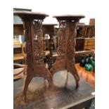 A PAIR OF INDIAN BRASS INLAID WINE TABLES, THE HEXAFOIL TOPS CARVED WITH GRAPES, THE BRACKET