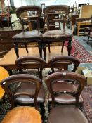 A SET OF SIX VICTORIAN MAHOGANY BALLOON BACKED CHAIRS WITH LEATHER UPHOLSTERED SEATS AND BALUSTER