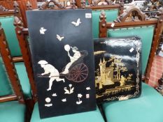 AN ORIENTAL LACQUER TABLE TOP AND TWO BONE INLAID PANELS.