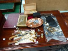 VARIOUS TRINKET BOXES AND COLLECTORS SPOONS, COSTUME JEWELLERY ETC.