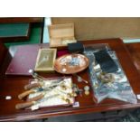 VARIOUS TRINKET BOXES AND COLLECTORS SPOONS, COSTUME JEWELLERY ETC.
