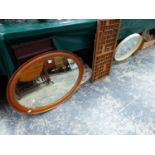 AN OAK OVAL MIRROR, A STAG DRESSING TABLE MIRROR ETC.