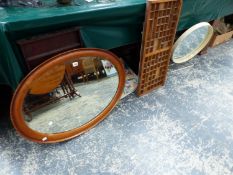 AN OAK OVAL MIRROR, A STAG DRESSING TABLE MIRROR ETC.