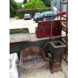 A CAST IRON FIRE BASKET, A VINTAGE CONSERVATORY HEATER FOR RESTORATION AND VINTAGE SPINNING WHEEL