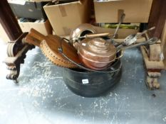 A LARGE IRON GYPSY CAULDRON, COPPER KETTLES, A SILVER PLATED TRAY AND A RED RETRO TRAY ETC.
