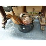 A LARGE IRON GYPSY CAULDRON, COPPER KETTLES, A SILVER PLATED TRAY AND A RED RETRO TRAY ETC.