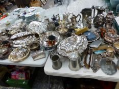 VEGETABLE TUREENS, TEA POTS AND OTHER ELECTROPLATE, PEWTER MUGS AND JUGS, ETC.