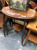A 19th C. MAHOGANY TWO TIER OVAL TABLE. W 72 x D 51 x H 74cms. TOGETHER WITH A VICTORIAN OAK