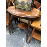 A 19th C. MAHOGANY TWO TIER OVAL TABLE. W 72 x D 51 x H 74cms. TOGETHER WITH A VICTORIAN OAK